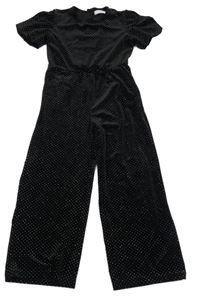 Černý puntíkatý sametový kalhotový culottes overal s mašlí LEIGH TUCKER