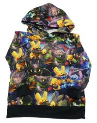 Černo-barevná mikina s pokémony a kapsou a kapucí 