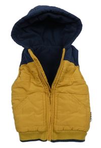 Tmavožluto/tmavomodrá prošívaná šusťáková zateplená vesta s kapucí St. Bernard