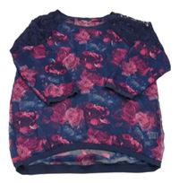 Tmavomodrá šifonová průsvitná crop halenka s růžemi a krajkou YIGGA