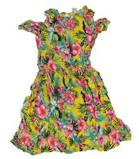 Žluté květované lehké šaty s listy a průstřihy Primark