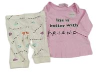 2set - Růžové triko s nápisem + smetanové lehké tepláky s nápisy - Friends