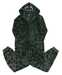 Khaki-černá vzorovaná chlupatá kombinéza s kapucí - dinosaurus