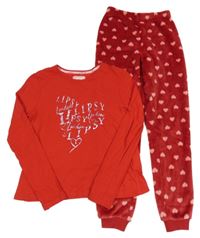 Červené bavlněno/chlupaté pyžamo s nápisy a srdíčky