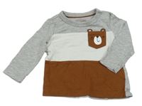 Šedo-bílo-hnědé triko s kapsou s medvědem C&A