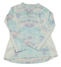 Světlemodro-lila-růžové batikované sportovní triko s nápisem