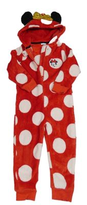 Červeno-bílá puntíkatá plyšová kombinéza s kapucí - Minnie Disney