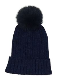 Tmavomodrá pletená třpytivá čepice s bambulí 