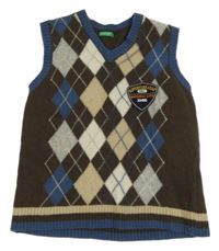 Hnědo-šedo-modrá károvaná vlněná vesta Benetton