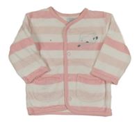 Bílo-růžová pruhovaná sametová podšitá propínací mikina s opicí 