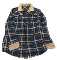 Tmavomodro-zelená kostkovaná halenka s huňatým límcem 