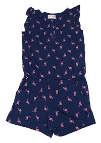 Tmavomodrý kraťasový overal s plameňáky 