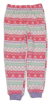Bílo-růžovo-zelené vzorované plyšové pyžamové kalhoty s tučňáky Primark