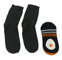 2x ponožky - černo-šedo-oranžové s pruhy + antracitové melírované