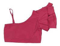 Růžový crop top s volánky a volným ramenem 