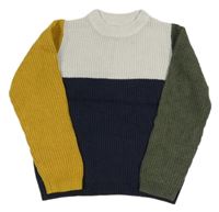 Tmavomodro-bílo-zeleno-žlutý svetr Primark