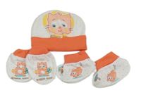 3set - Bílo-korálová čepice s kočičkou + bílo-korálové capáčky s kočičkami + rukavice 