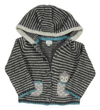 Tmavošedo-bílý pruhovaný propínací vlněný svetr s tučňákem a kapucí John Lewis