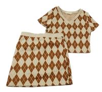 2set - Béžovo-hnědé kárované úpletové crop tričko + sukně 