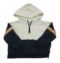 Bílo-tmavomodrá mikina s proužkem a kapucí 