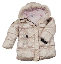 Růžová nepromokavá zimní bunda s nápisem a kapucí