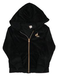 Černá sametová propínací mikina s potiskem a kapucí 