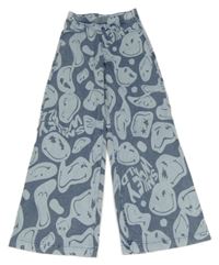 Tmavomodro-světlemodré wide leg tregíny se smajlíky H&M