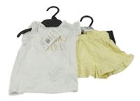 Nové - 2set - žluté kraťasy + bílé body s květovaným nápisem F&F