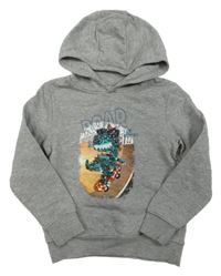 Šedá melírovaná mikina s dinosaurem z flitrů a kapucí Kuniboo