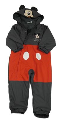 Nové - Tmavošedo-červená voděodolná jarní kombinéza s kapucí - Mickey Disney