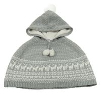 Šedé vzorované pletené zateplené pončo s kapucí 