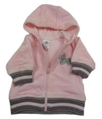 Světlerůžová sametová propínací mikina s botami a pruhy a kapucí