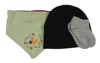 3set - šedé ponožky + černá čepice + zelený slinták s veverkou