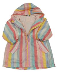 Růžovo-modro-žlutá pruhocvaná šusťáková jarní parka s kapucí Peacocks