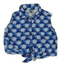 Modro-tmavomodrá kostkovaná crop halenka s kytičkami a uzlem Benetton