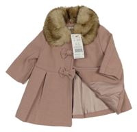 Nové - starorůžový flaušový podšitý kabát s mašlemi a kožešinovým límečkem F&F