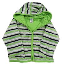 Šedo-černo-bílo-zelená pruhovaná melírovaná sametová propínací podšitá mikina s kapucí Topomini