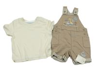 Nové - 2Set - Béžovohnědé cargo teplákové laclové kraťasy se žirafou + smetanové tričko George