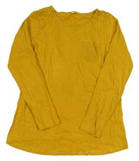 Hořčicové melírované triko s kapsou a madeirou 