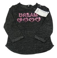 Nové - černé melírované úpletové mikinotriko s nápisy a srdíčky z překlápěcích flitrů Kiki&Koko