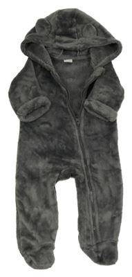 Tmavošedá plyšová kombinéza s kapucí s oušky 