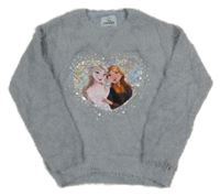 Světlemodrošedý chlupatý svetr s Frozen a srdíčkem z flitrů a třpytkami C&A