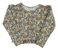 Břidlicové květované UV crop triko s volánkem 