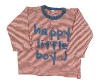 Červeno-bílo-modrošedé pruhované triko s nápisy a smajlíkem ZEEMAN