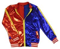 Červeno-safírový metalický saténový bomber s pruhy a nápisy 