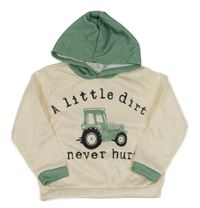Smetanovo-olivová mikina s traktorem a nápisy a kapucí SHEIN