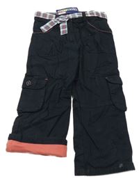 Nové - tmavomodré cargo plátěné podšité kalhoty s páskem lupilu