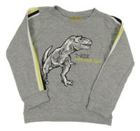 Šedá melírovaná mikina s dinosaurem - T-Rex a pruhy POCOPIANO