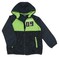 Tmavomodro-zelená šusťáková jarní bunda s číslem a nápisem - Minecraft a kapucí 