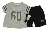 Nové - 2Set - Šedo-černé melírované tričko s číslem a nápisem a pruhy + černé kraťasy 
